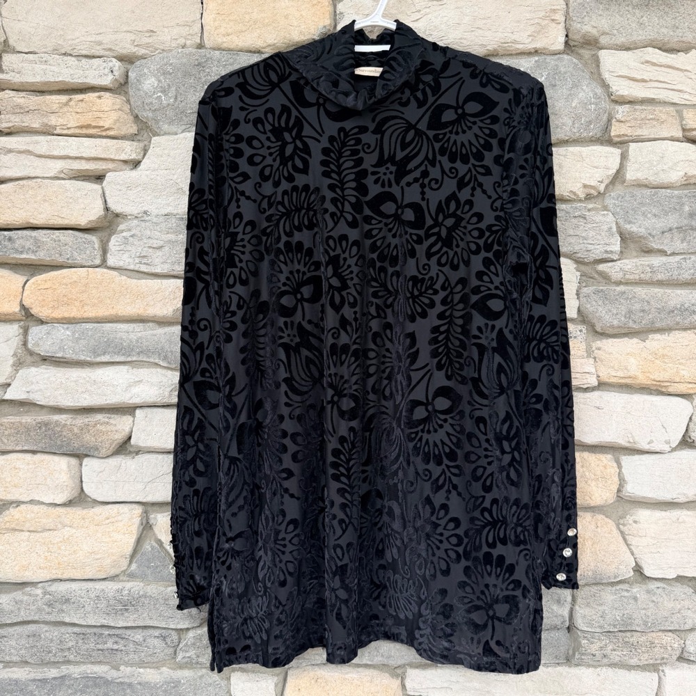 Soft Surroundings Walden Velvet Burnout Turtleneck Top M Black Damask Holiday